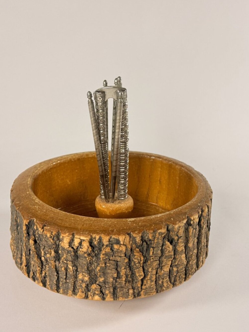 Vintage MCM Rustic Wooden Nutcracker Bowl W/Tree Holder & Tools Kitchen Decor